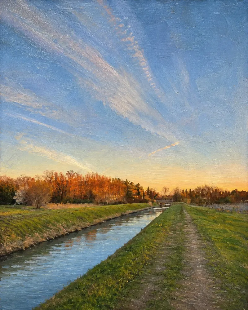 Le Canal au couchant. photographie picturale sur toile, finalisée à la main, Provence