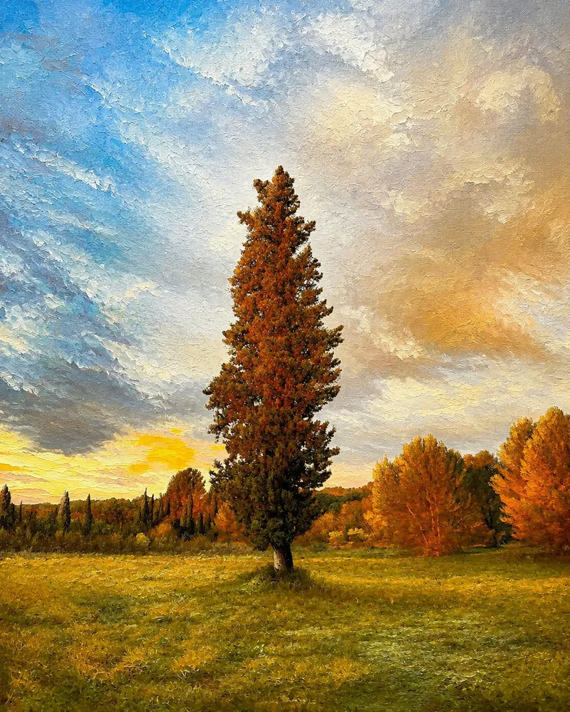 Le Cyprès du couchant. photographie picturale sur toile, finalisée à la main, Provence